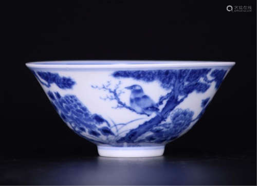 CHINESE PORCELAIN BLUE AND WHITE BIRD AND FLOWER BOWL