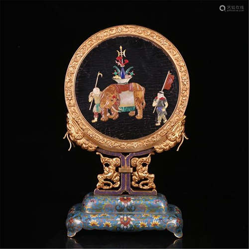 CHINESE GEM STONE INLAID ROUND PLAQUE CLOISONNE TABLE SCREEN