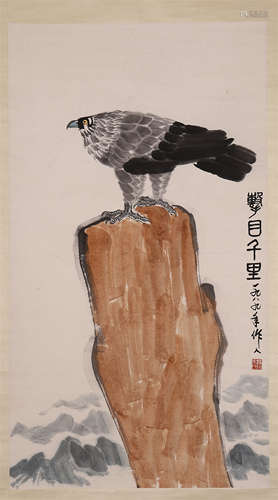 CHINESE SCROLL PAINTING OF EAGLE ON ROCK