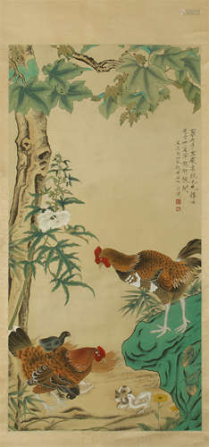 CHINESE SCROLL PAINTING OF ROOSTER UNDER TREE