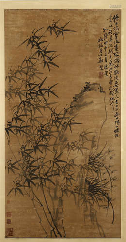 CHINESE SCROLL PAINTING OF BAMBOO AND ROCK