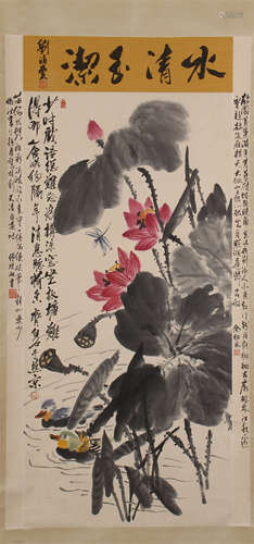 CHINESE SCROLL PAINTING OF DUCK AND LOTUS WITH CALLIGRAPHY