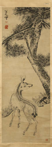 CHINESE SCROLL PAINTING OF DEER UNDER PINE