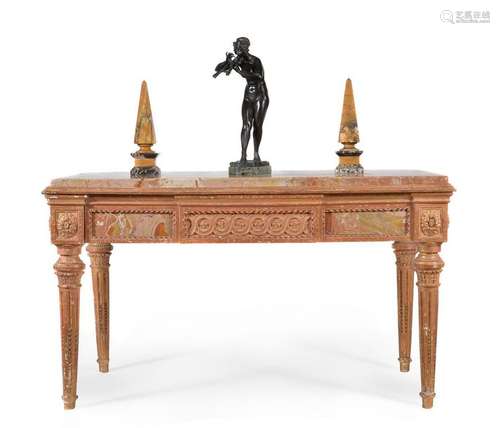 An Italian carved giltwood, gesso and marble inset…