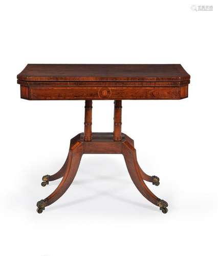 A Regency rosewood card table, circa 1815, the hin…