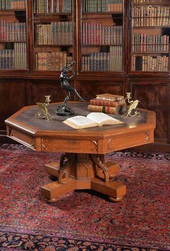 A Gothic revival oak drum library table, circa 186…