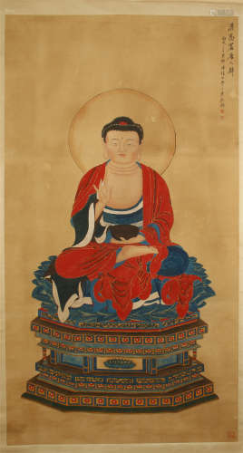 CHINESE SCROLL PAINTING OF SEATED BUDDHA ON STAND