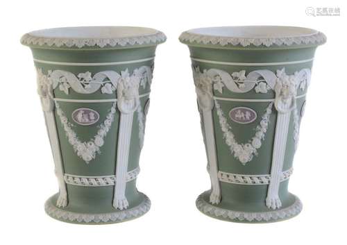 A pair of Wedgwood three colour Jasper tapered urn…