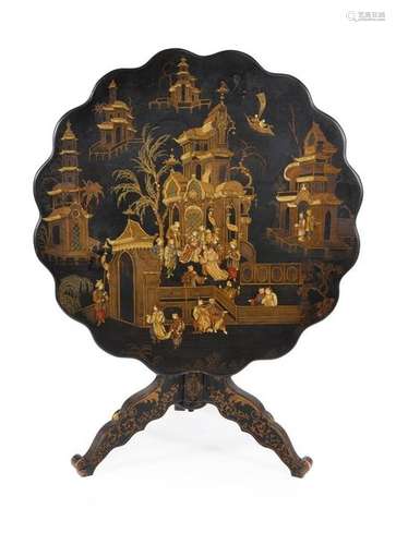 A black lacquer and chinoiserie decorated tripod t…