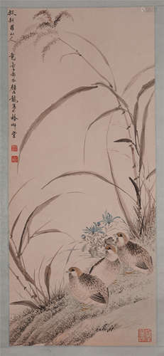 CHINESE SCROLL PAINTING OF QUAIL AND FLOWER