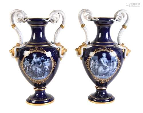 A pair of Meissen blue ground and gilt vases, late…