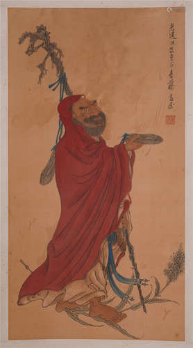 CHINESE SCROLL PAINTING OF LOHAN WITH CANE