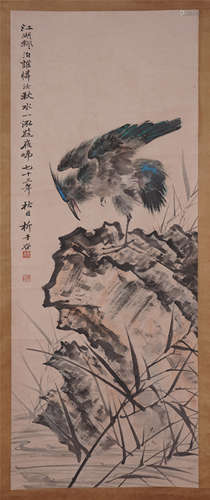 CHINESE SCROLL PAINTING OF EAGLE ON ROCK