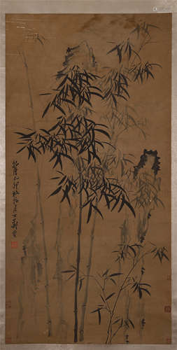 CHINESE SCROLL PAINTING OF BAMBOO AND ROCK