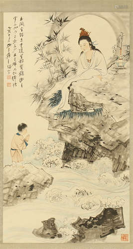 CHINESE SCROLL PAINTING OF SEATED GUANYIN WITH BOY