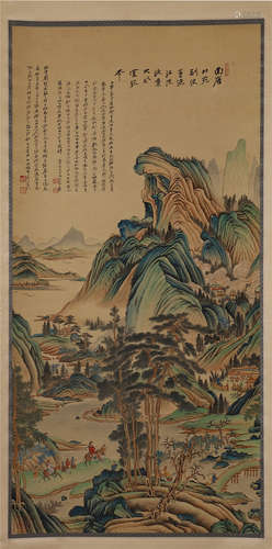 CHINESE SCROLL PAINTING OF MOUNTAIN VIEWS WITH CALLIGRAPHY