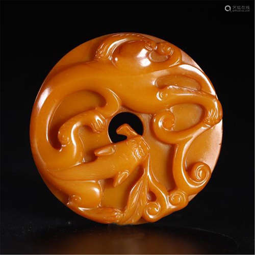 CHINESE YELLOW JADE DRAGON BI DISK PENDANT