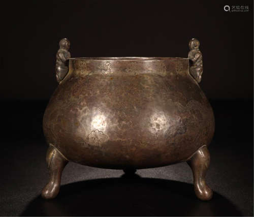 CHINESE SILVER BRONZE TRIPLE FEET CENSER