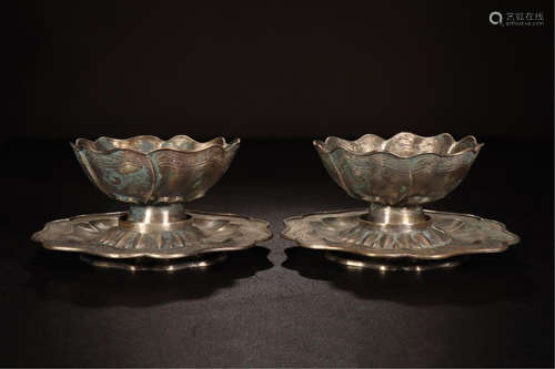 TWO CHINESE SILVER LOTUS CUP AND DISH