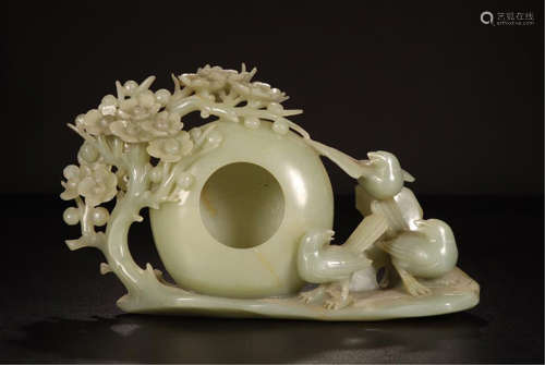 CHINESE WHITE JADE BIRD AND FLOWER BRUSH WASHER