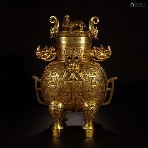 CHINESE GILT BRONZE BEAST HANDLE FOUR FEET LIDDED CENSER