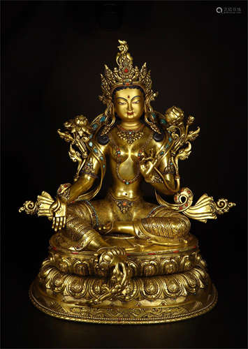 TIBETAN GEM STONE INLAID GILT BRONZE SEATED TARA