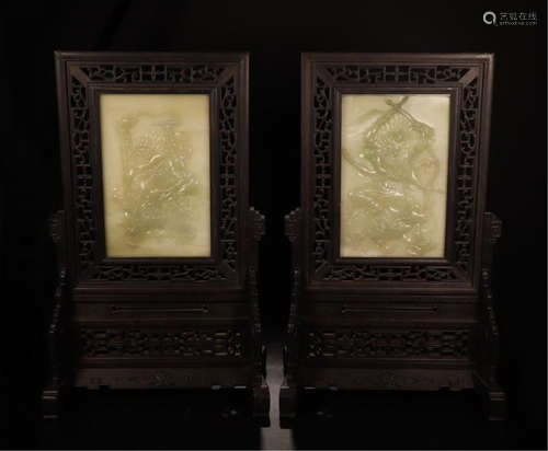 PAIR OF CHINESE JADE PLAQUE OF BUDDHA HARDWOOD TABLE SCREEEN