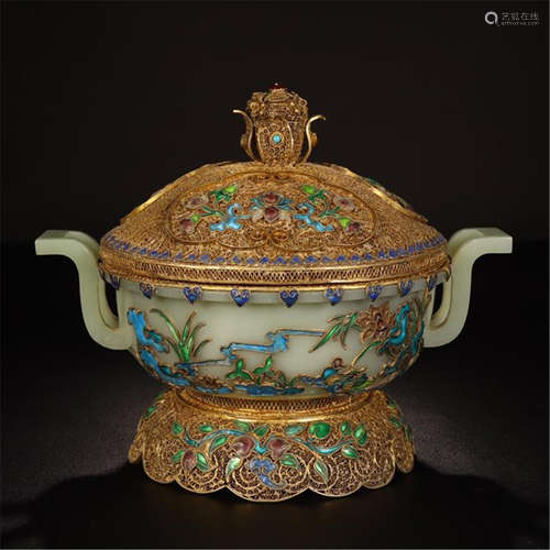 CHINESE CELADON JADE CENSER WITH GILT SILVER ENAMEL LIDDER AND BASE