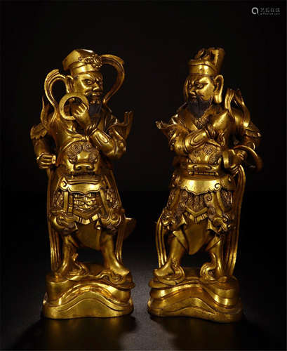 PAIR OF CHINESE GILT BRONZE STANDING WARRIORS