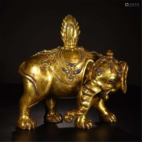 CHINESE GEM STONE INLAID GILT BRONZE ELEPHANT TABLE ITEM