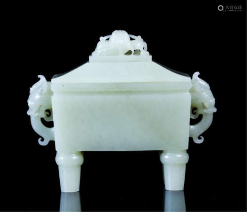 CHINESE PORCELAIN WHITE JADE LDDED FOUR FEET SQUARE CENSER