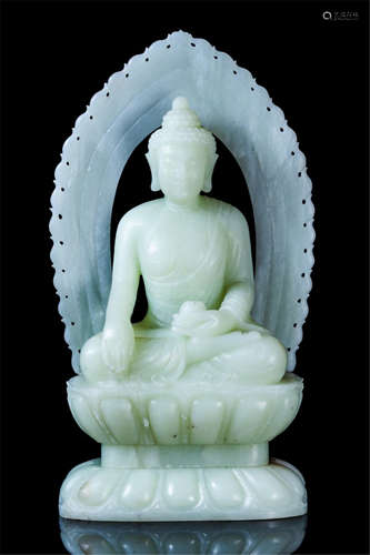 CHINESE CELADON JADE SEATED BUDDHA ON LOTUS NICHE