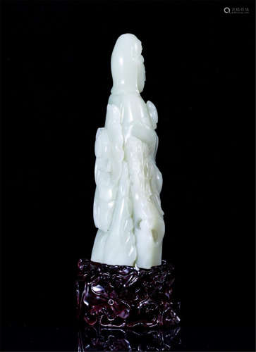 CHINESE WHITE JADE STANDING GUANYIN ON ROSEWOOD BASE