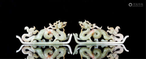 PAIR OF CHINESE CELADON JADE DRAGON TABLE ITEM