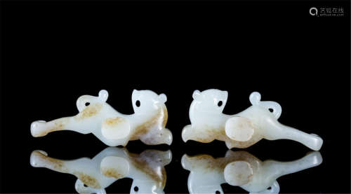 PAIR OF CHINESE WHITE JADE BEAST BELT HOOK