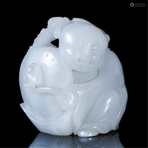 CHINESE WHITE JADE BOY WITH RUYI TABLE ITEM