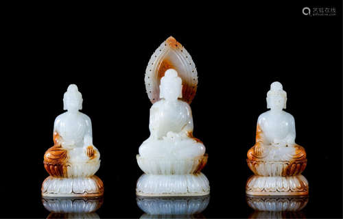 THREE CHINESE WHITE JADE SEATED BUDDHA