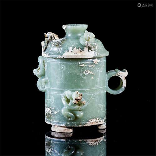 CHINESE ANCIENT JADE DRAGON LIDDED CENSER