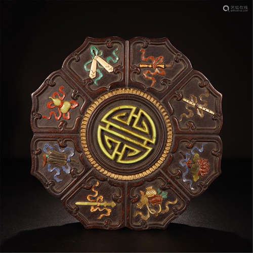 CHINESE HARDWOOD ZITAN GEM STONE INLAID FLOWER SHAPED BOX