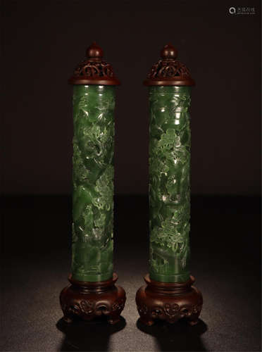 PAIR OF CHINESE SPINACH JADE INCENSE CAGE WITH ROSEWOOD LIDDER AND BASE