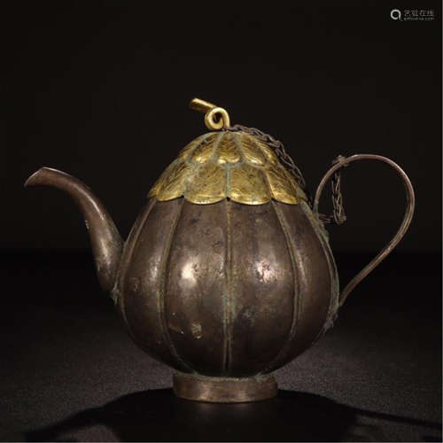 CHINESE GILT SILVER MELON TEA POT