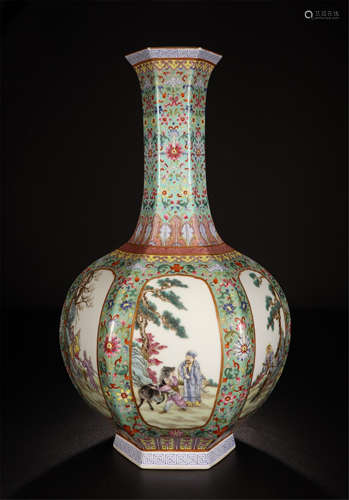 CHINESE PORCELAIN FAMILLE ROSE MAN IN GARDEN HEXAGONAL VASE