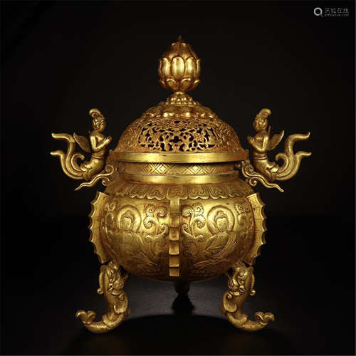 CHINESE GILT BRONZE TRIPLE FEET FLYING BEAUTY HANDLE LIDDED CENSER