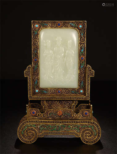 CHINESE JADE PLAQUE OF BUDDHA INLAID GILT SILVER ENAMEL TABLE SCREEN