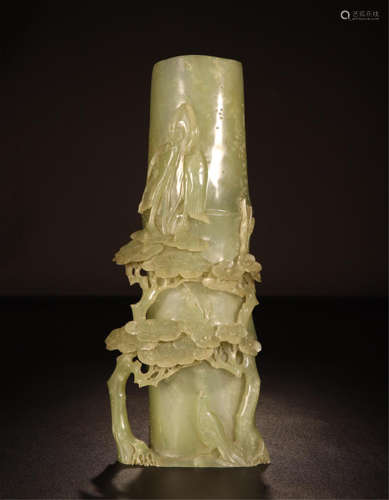 CHINESE CELADON JADE BAMBOO SCHOLAR'S ARM REST