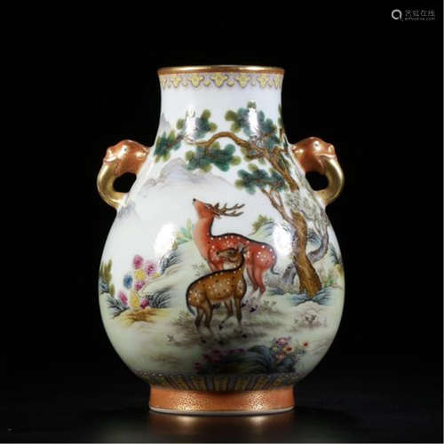 CHINESE PORCELAIN FAMILLE ROSE DEER UNDER TREE ZUN VASE