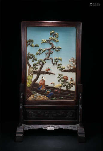 CHINESE GEM STONE INLAID LACUQER ROSEWOOD ZITAN TABLE SCREEN