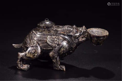 CHINESE SILVER INLAID BRONZE BEAST WATER POT