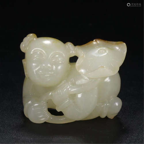 CHINESE WHITE JADE BOY WITH LOTUS TABLE ITEM