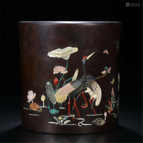 CHINESE GEM STONE INLAID HARDWOOD ZITAN BRUSH POT